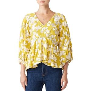 HUNTER BELL Grayson Top Sz Small Mustard Embroidered Puff Sleeve Blouse